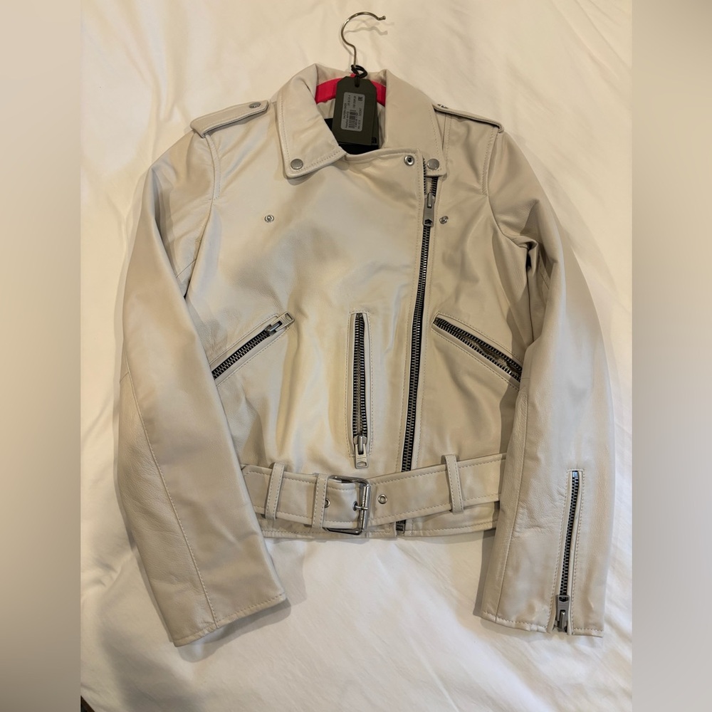 AllSaints Balfern Sheepskin Leather Biker Jacket Pampas White US 4 New With Tags